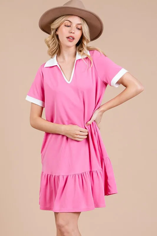 Ces Femme Ruffled Hem Johnny Collar Short Sleeve Dress - Brittney MADE