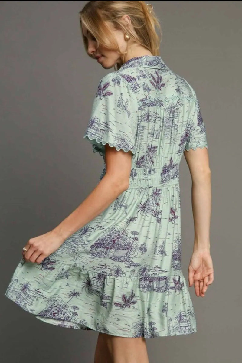 Umgee Full Size Landscape Print Collared Mini Dress Plus Size - Brittney MADE