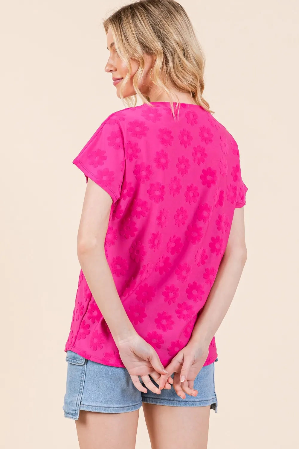 BOMBOM Textured Floral Pattern Short Sleeve T-Shirt - Brittney MADE