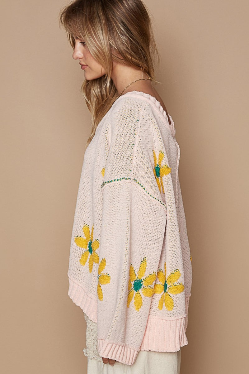 POL V-Neck Floral Pattern Chenille Sweater - Brittney MADE