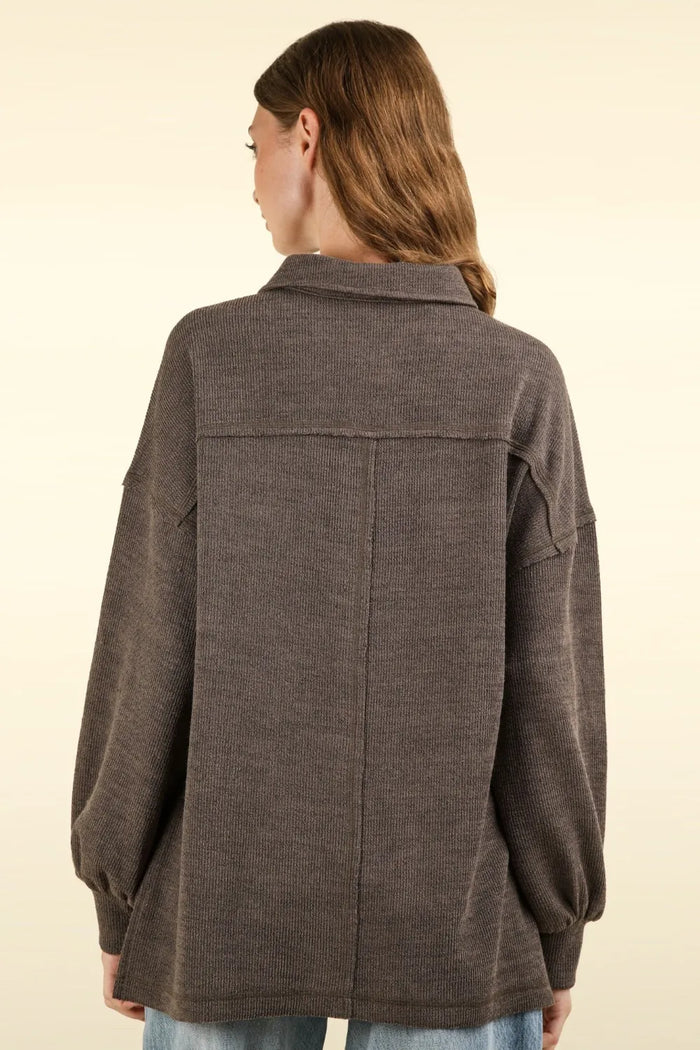 VERY J Collared Half Button Knit Top with Pockets - Brittney MADE