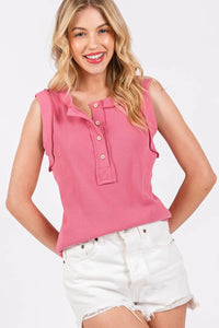 Ces Femme Stitch Detail Half Button Ribbed Tank - Brittney MADE