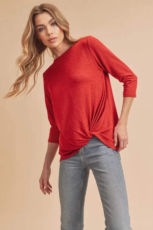Aemi + Co Twist Front Round Neck 3/4 Sleeve T-Shirt - Brittney MADE