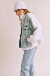 Aemi + Co Denim Washed Drop Shoulder Sherpa Fake Two Pieces Jacket - Brittney MADE