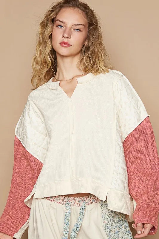 POL Waffle-Knit Contrast Notched Long Sleeve Knit Top - Brittney MADE