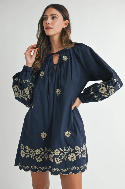 MABLE Embroidered Long Sleeve Peasant Mini Dress - Brittney MADE