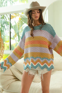 BiBi Wavy Hem Openwork Contrast Round Neck Sweater - Brittney MADE