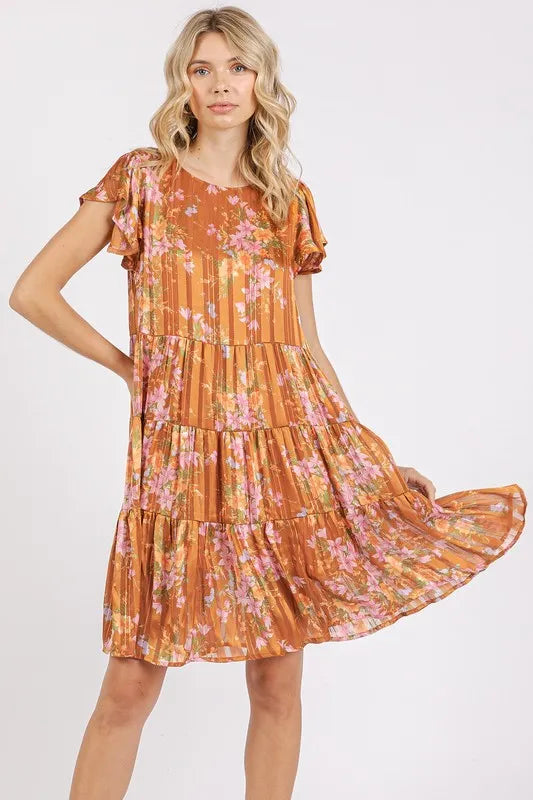 Mittoshop Flower Print Round Neck Flutter Sleeve Tiered Dress - Brittney MADE