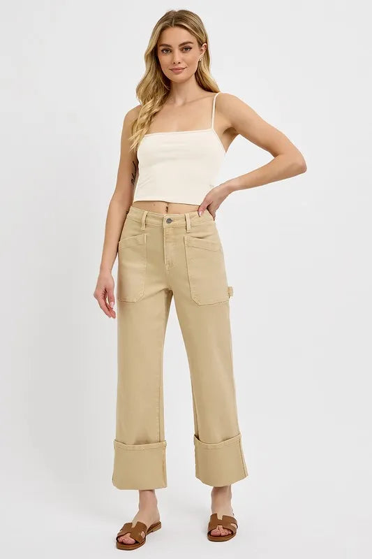 RISEN Full Size High Rise Wide Straight Cuffed Patch Jeans Plus Size - Brittney MADE