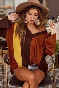 BiBi Brushed Thermal Color Block V-Neck Knit Top - Brittney MADE