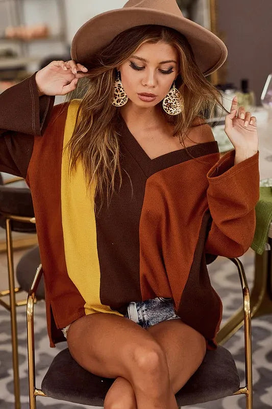 BiBi Brushed Thermal Color Block V-Neck Knit Top - Brittney MADE