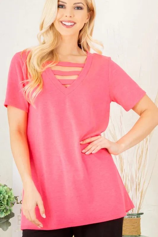 Heimish Full Size V-Neck Short Sleeve T-Shirt with Bar Detail Plus Size - Brittney MADE