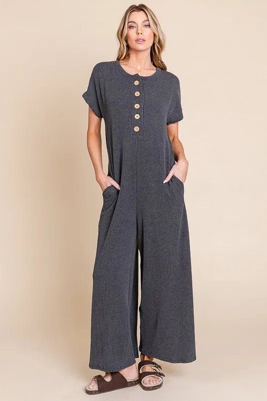 BOMBOM Rib Knit Jumpsuit with Button Detail - Brittney MADE