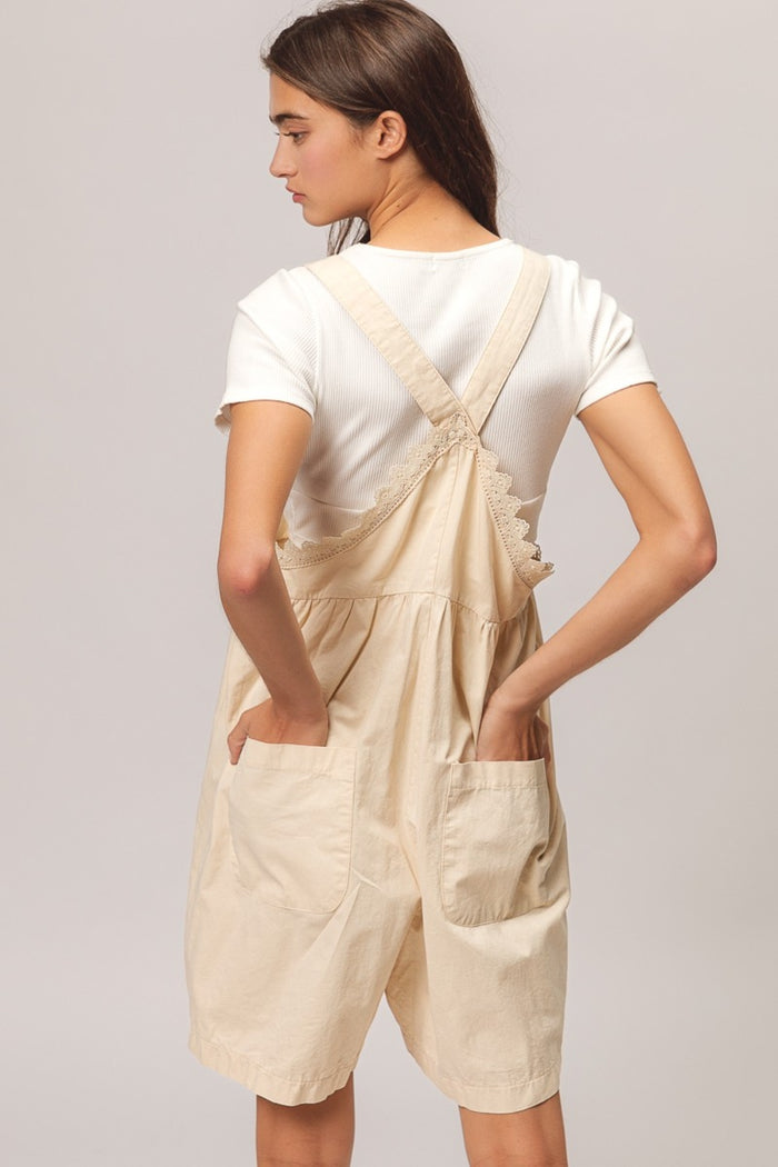 BiBi Back Patch Pocket Lace Trim Rompers - Brittney MADE