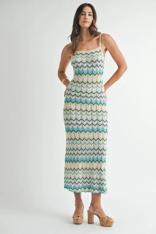 MABLE Lightweight Pointelle Chevron Knit Maxi Dress - Brittney MADE