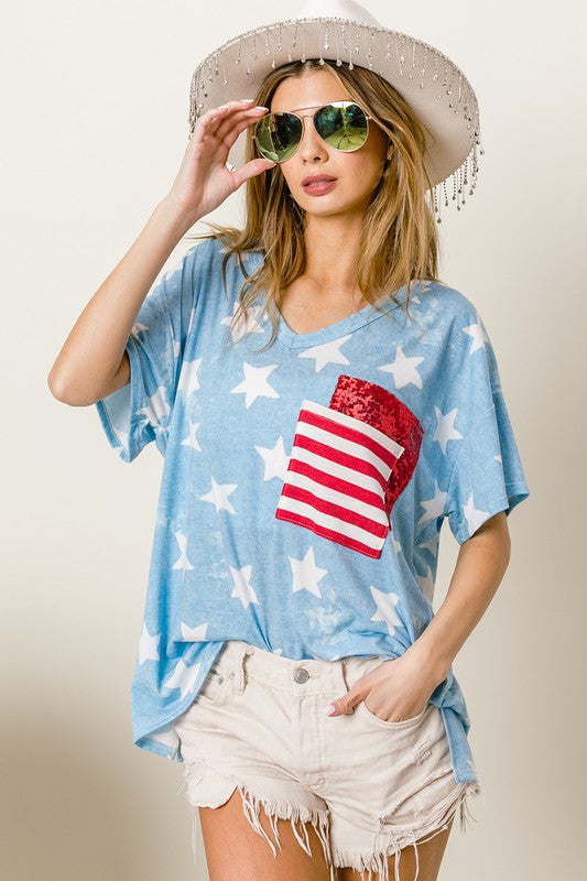 BiBi Star Print Sequin V-Neck Short Sleeve T-Shirt - Brittney MADE