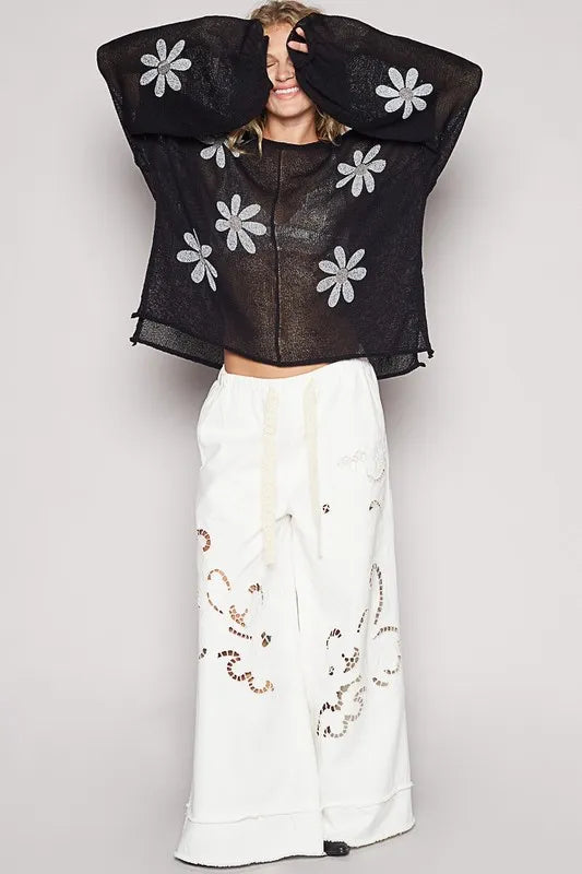POL Flower Roll Edge Round Neck Drop Shoulder Knit Top - Brittney MADE