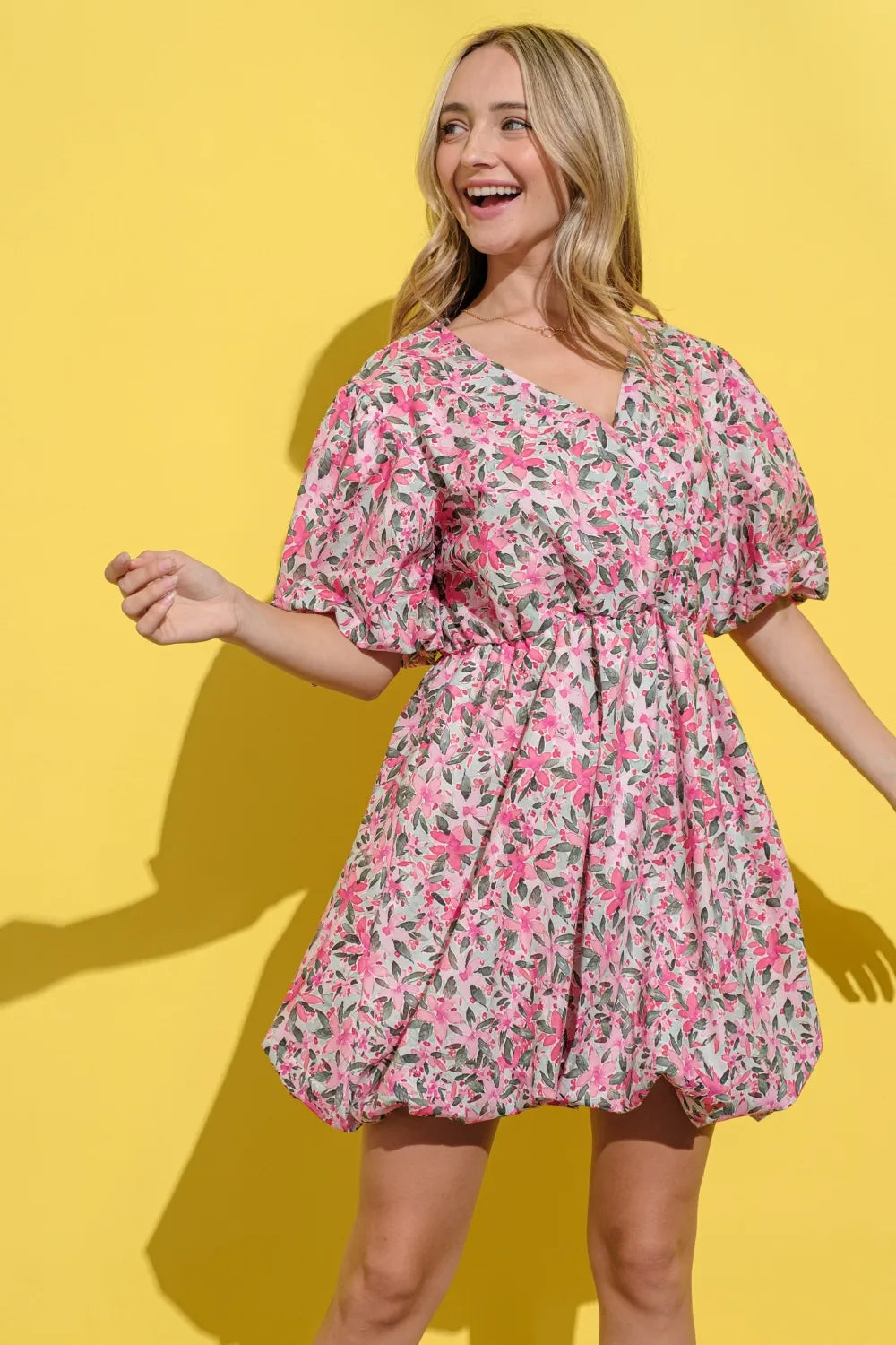 And The Why Full Size Floral Surplice Puff Sleeve Dress - Brittney MADE