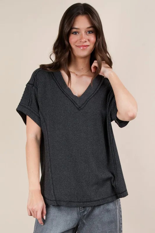 VERY J Plus Size Soft Two Tone Casual Comfy Ribbed Knit Top - Brittney MADE