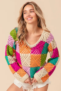 BiBi Multi Color Checkered Long Sleeve Knit Top - Brittney MADE