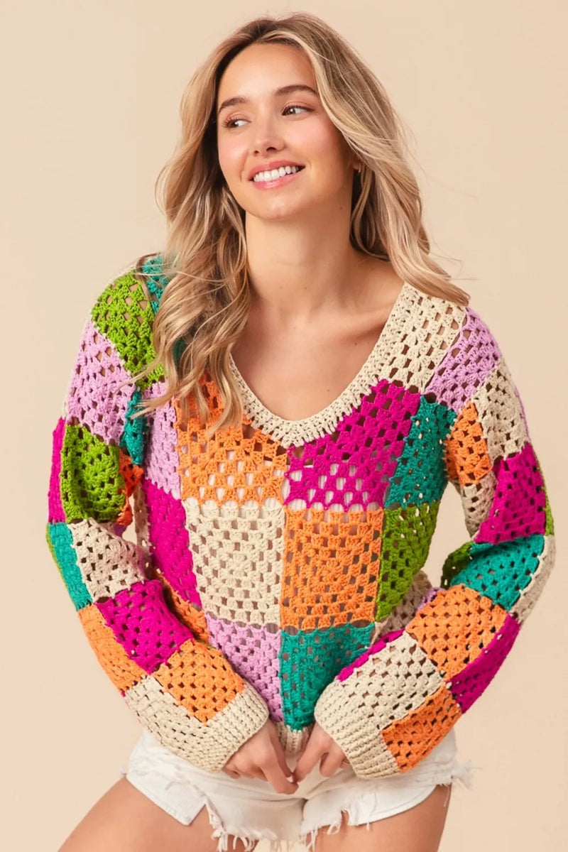 BiBi Multi Color Checkered Long Sleeve Knit Top - Brittney MADE