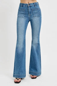 RISEN Full Size Front Patch Pocket Flare Jeans Plus Size - Brittney MADE