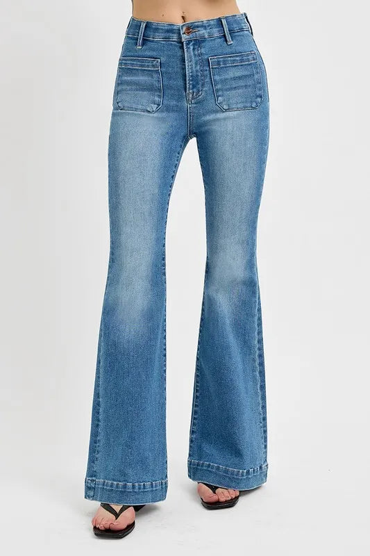 RISEN Full Size Front Patch Pocket Flare Jeans Plus Size - Brittney MADE