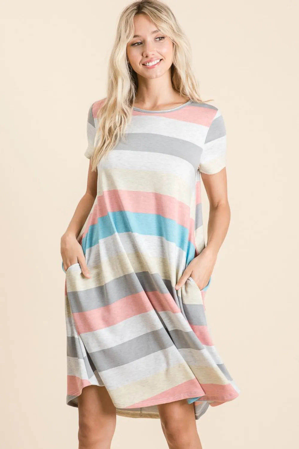 BOMBOM Striped Short Sleeve Dress with Pockets - Brittney MADE