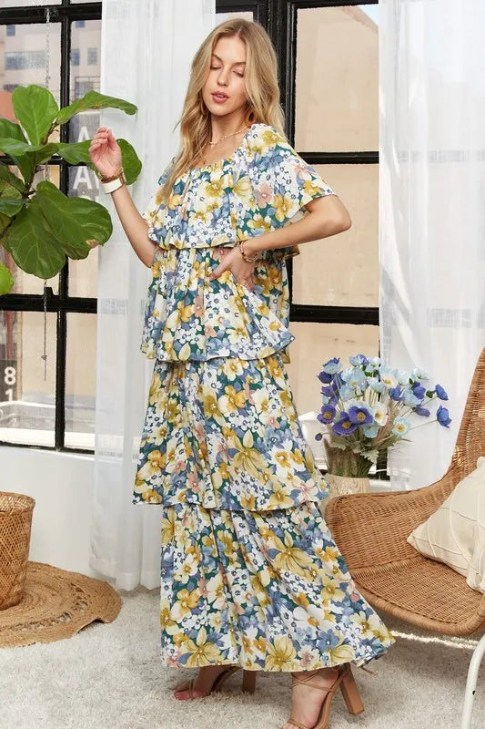 ADORA Layered Floral Off-Shoulder Short Sleeve Maxi Dress - Brittney MADE