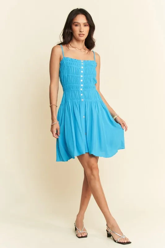 Davi & Dani Smocking Bodice Sleeveless Button Down Mini Dress - Brittney MADE
