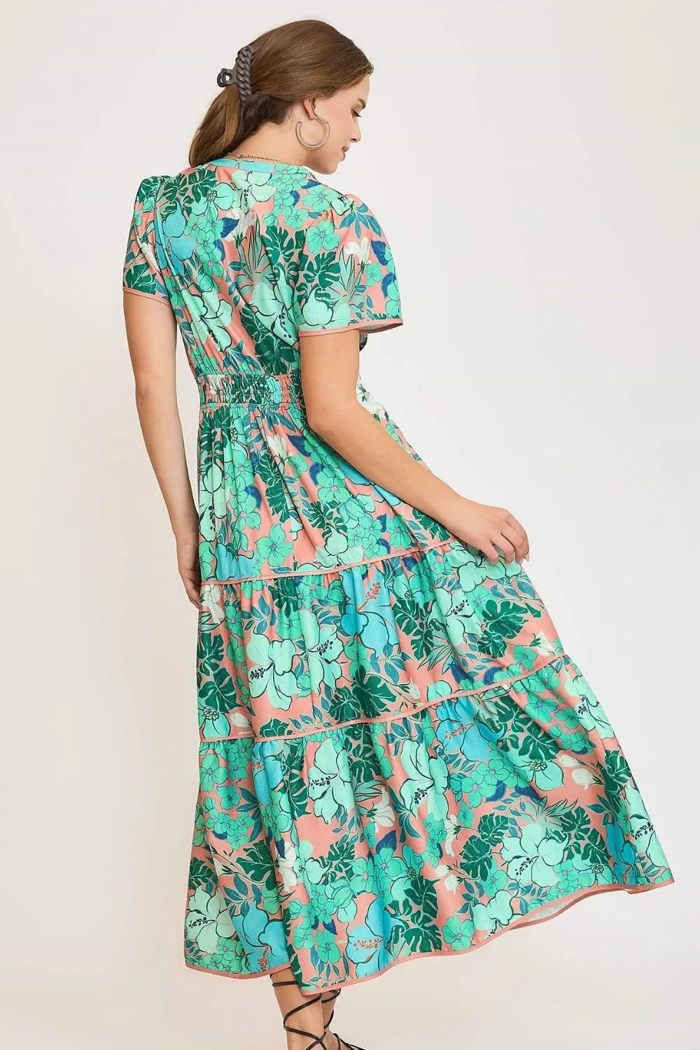 Umgee Full Size Printed Notched Short Sleeve Tiered Dress Plus Size - Brittney MADE