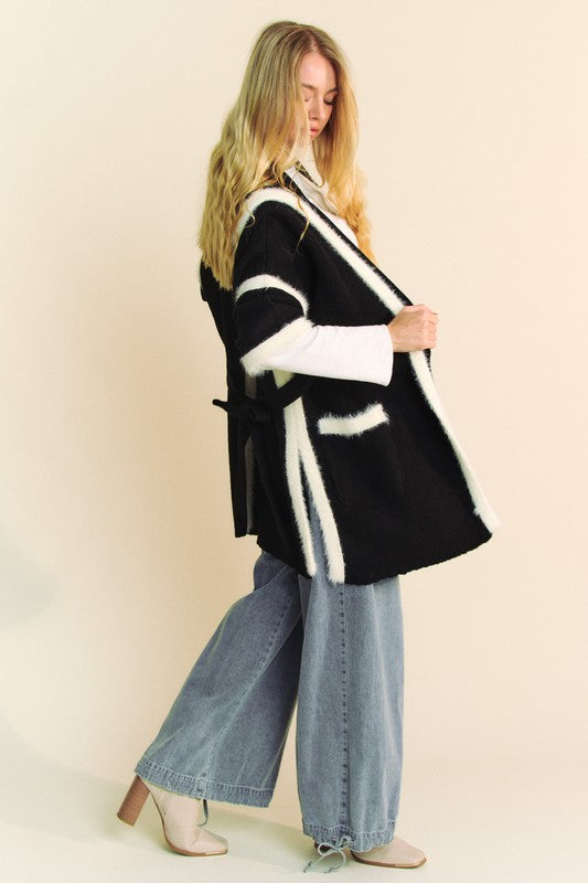 Davi & Dani Fuzzy Trim Open Front Loose Fit Cardigan - Brittney MADE