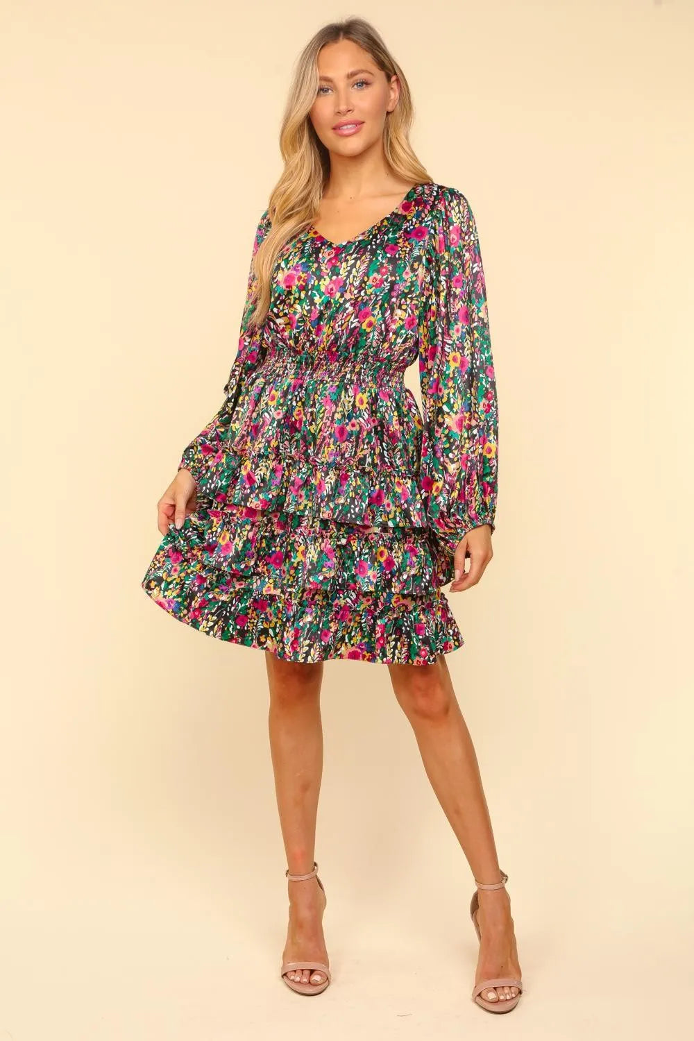 Haptics V-Neck Satin Floral Layered Dress - Brittney MADE