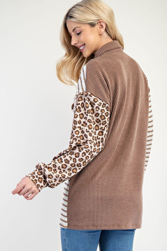 Celeste Full Size Leopard Contrast Button Up Shacket - Brittney MADE
