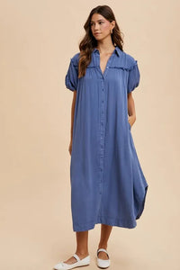 Annie Wear Mineral Washed Button Down Puff Sleeve Shirt Dress - Brittney MADE