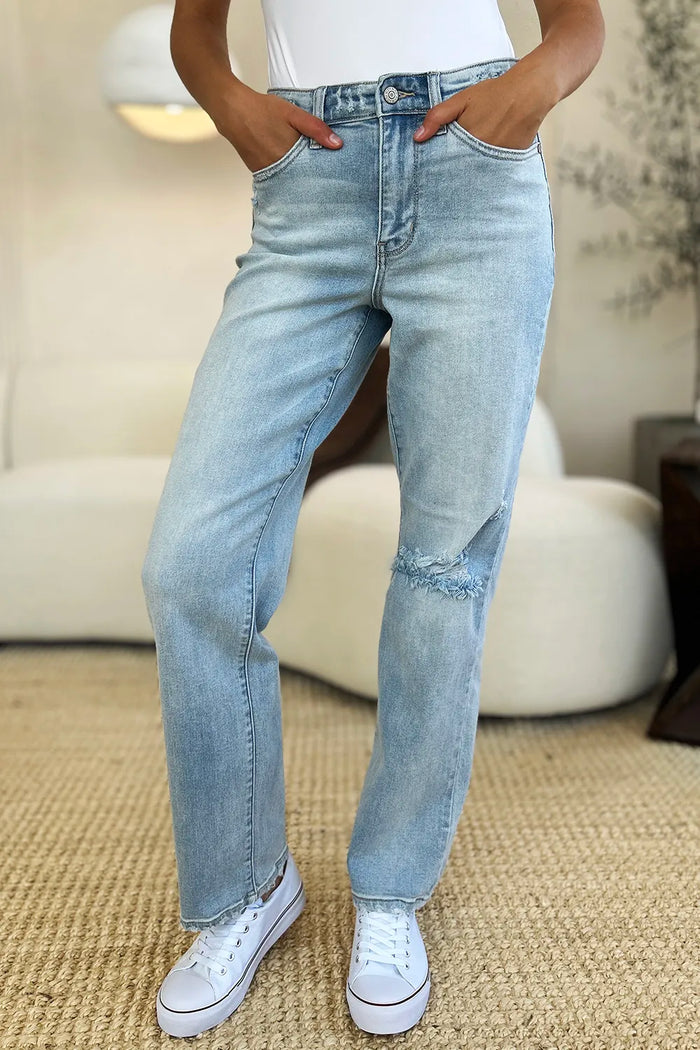 Judy Blue Full Size High Waist Distressed Straight Jeans - Brittney MADE