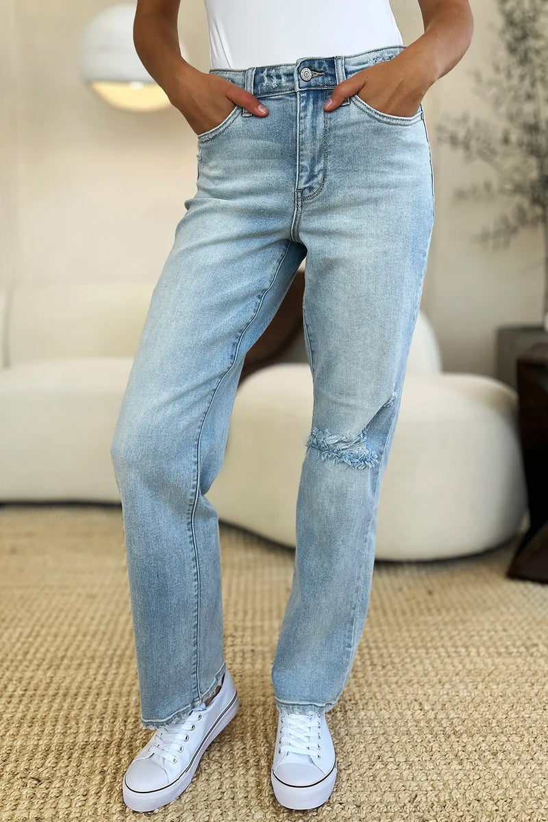 Judy Blue Full Size High Waist Distressed Straight Jeans - Brittney MADE