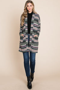 BOMBOM Geometric Open Front Long Sleeve Cardigan with Pockets - Brittney MADE