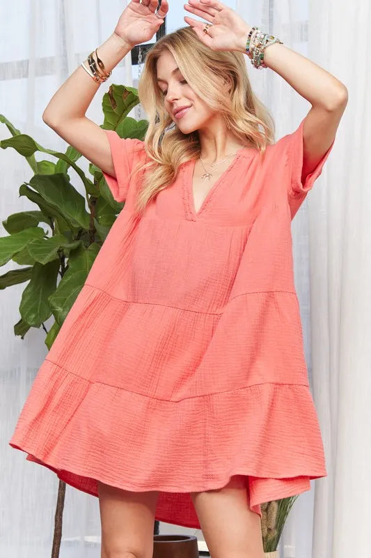 ADORA Tiered Notched Short Sleeve Dress - Brittney MADE