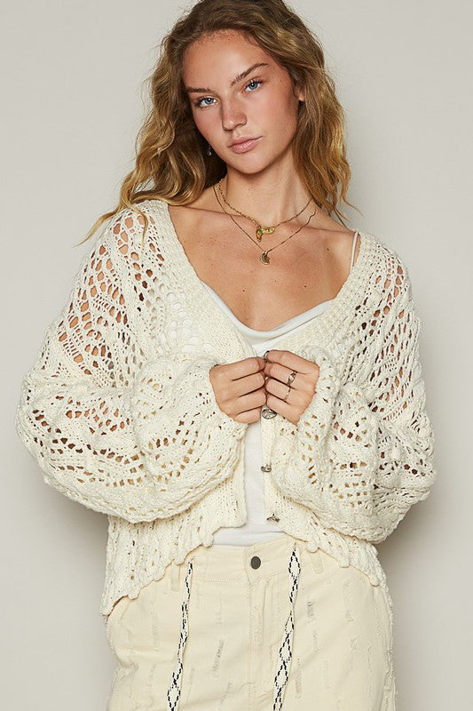 POL Cable-Knit Openwork V-Neck Button Up Cardigan - Brittney MADE