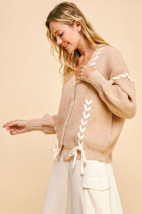Davi & Dani Lace-Up Ribbon Bow Button Down Cardigan - Brittney MADE