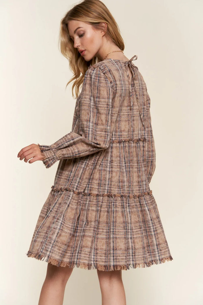 And The Why Full Size Washed Frayed Tiered Plaid Dress - Brittney MADE