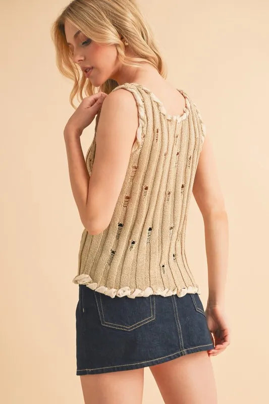 Aemi+Co Distressed Detail Round Neck Knit Tank - Brittney MADE