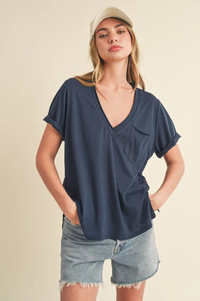 Aemi + Co Side Slit V-Neck Short Rolled Sleeve T-Shirt - Brittney MADE