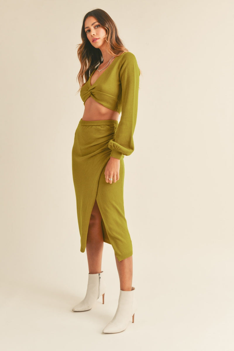 MABLE Front Twisted Knit Top and Midi Skirt Set - Brittney MADE