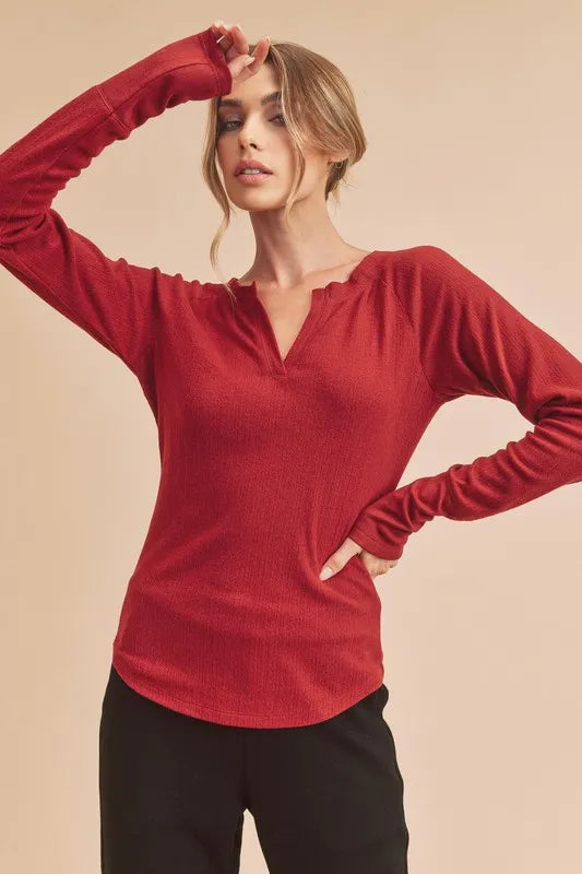 Aemi + Co Notched Raglan Sleeve Curved Hem T-Shirt - Brittney MADE