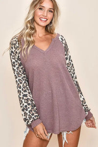 BiBi Popcorn Waffle Leopard Long Sleeve Knit Top - Brittney MADE