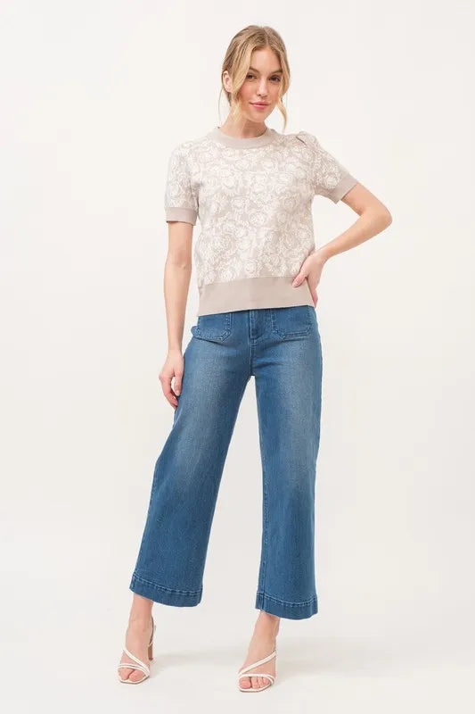 And The Why Short Sleeve Rose Pattern Knit Top - Brittney MADE