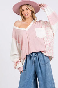 SAGE + FIG Floral Long Sleeve V-Neck Waffle Knit Top - Brittney MADE