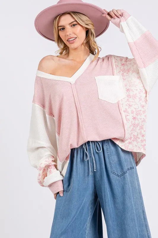SAGE + FIG Floral Long Sleeve V-Neck Waffle Knit Top - Brittney MADE